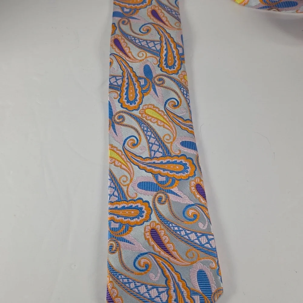 Krimson by Kwame Silk Tie Silver Orange Blue Paisley Made USA Mens Long Necktie